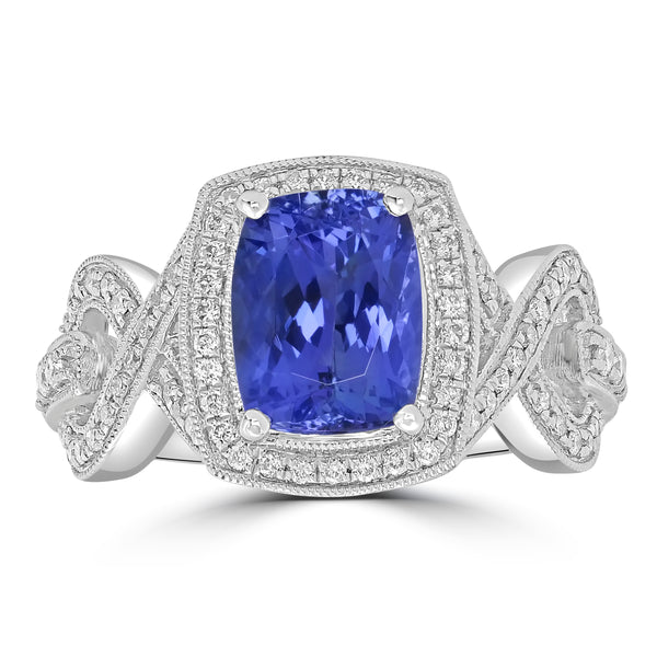 2.63ct AAAA Cushion Tanzanite Ring With 0.44 cttw Diamond in 18K White Gold