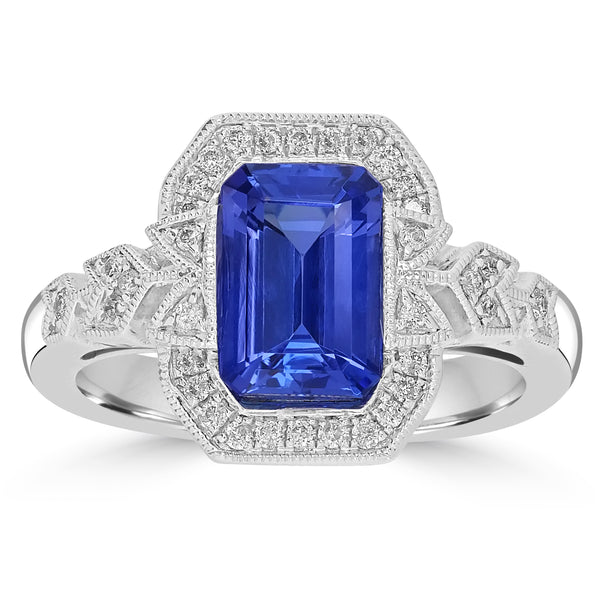 1.87ct AAAA Emerald Cut Tanzanite Ring With 0.17 cttw Diamond in 18K White Gold