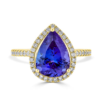 3.21 ct AAAA Pear Tanzanite Ring with 0.36 cttw Diamond in 14K Yellow Gold