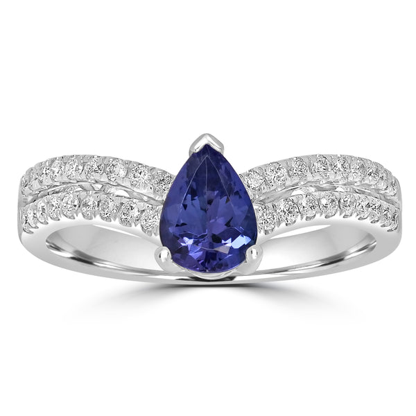 0.79ct AAAA Pear Tanzanite Ring With 0.26 cttw Diamond in 14K White Gold