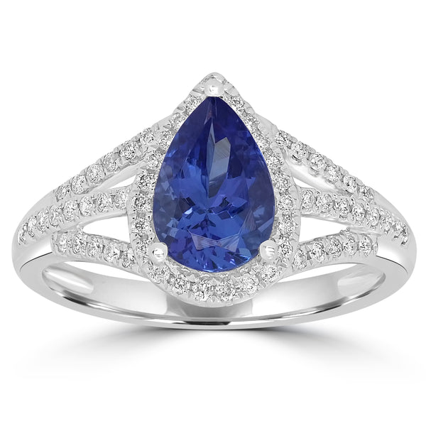 1.33ct AAAA Pear Tanzanite Ring With 0.25 cttw Diamond in 14K White Gold