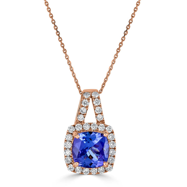 1.49 ct AAAA Cushion Tanzanite Pendant with 0.33 cttw Diamond in 14K RG