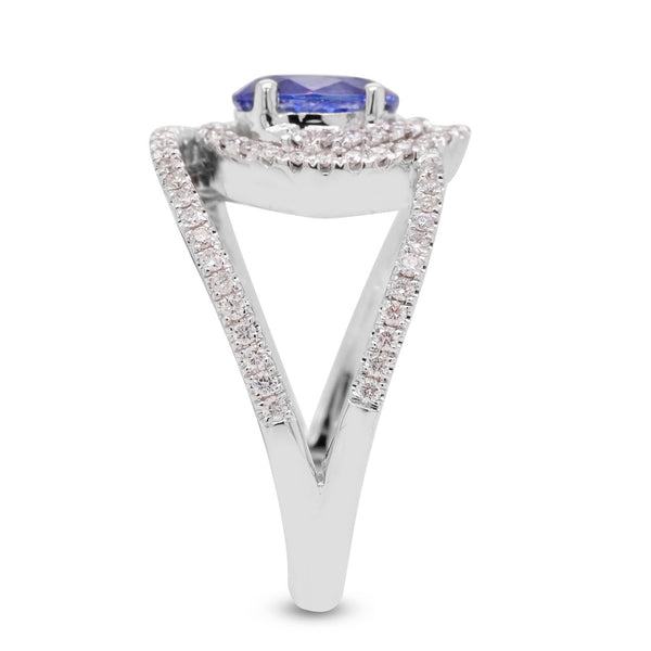 1.17 ct AAAA Oval Tanzanite Ring with 0.45 cttw Diamond in 14K White Gold