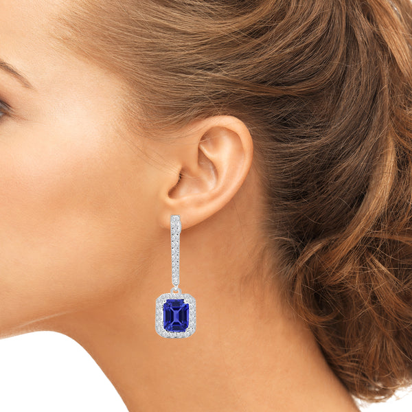 TMR121123 - Luna - Emerald Cut Tanzanite and Diamond Earring Halo