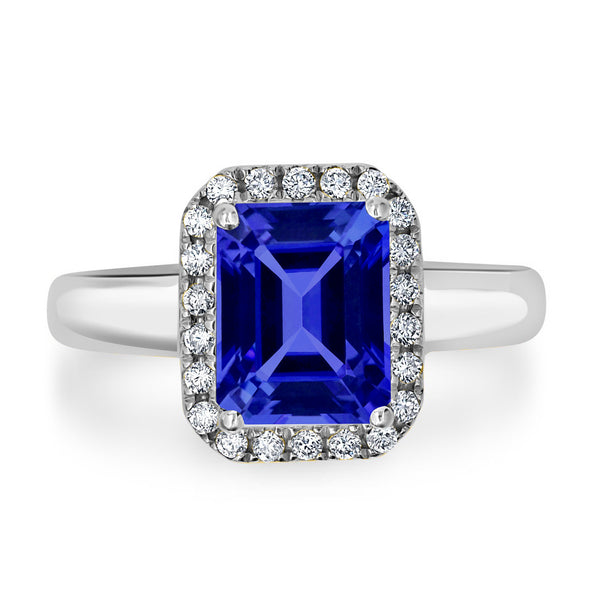 2.2ct Emerald Cut Tanzanite Ring with 0.18 cttw Diamond
