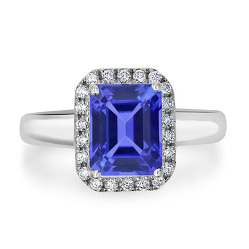 2.2ct Emerald Cut Tanzanite Ring with 0.18 cttw Diamond