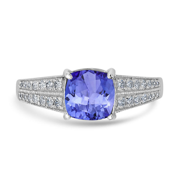 1.65ct Cushion Tanzanite Ring with 0.25 cttw Diamond