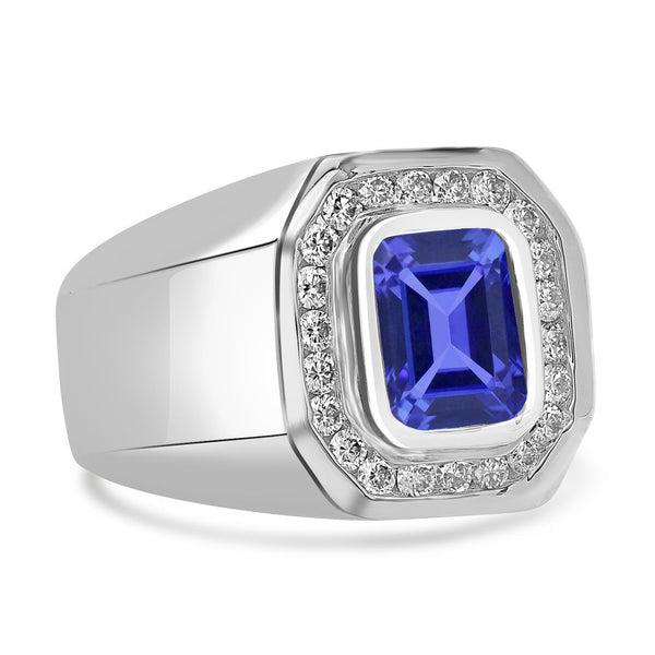 1.7 ct Emerald Cut Tanzanite Men's Ring with 0.54 cttw Diamond