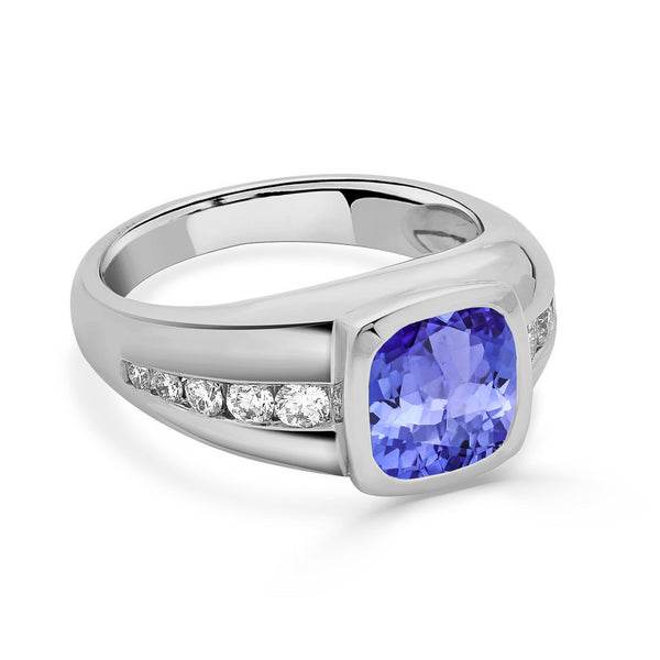 2 ct Cushion Tanzanite Men's Ring with 0.36 cttw Diamond