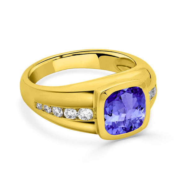 2 ct Cushion Tanzanite Men's Ring with 0.36 cttw Diamond