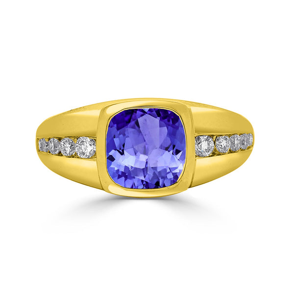 2 ct Cushion Tanzanite Men's Ring with 0.36 cttw Diamond