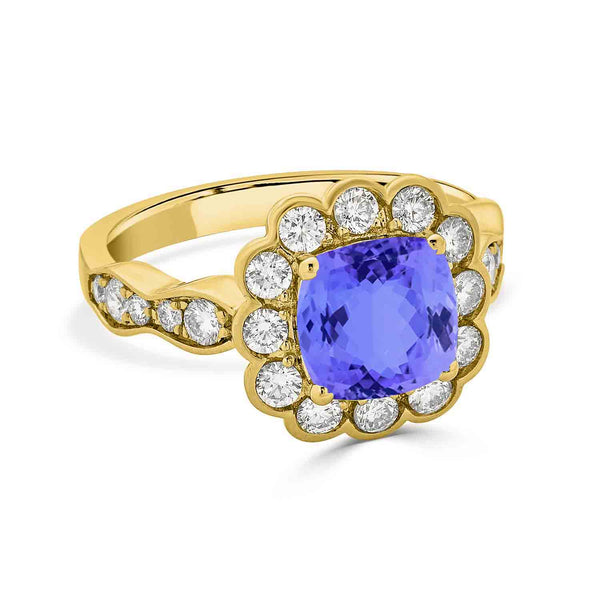 2.4ct Cushion Tanzanite Ring with 0.85 cttw Diamond