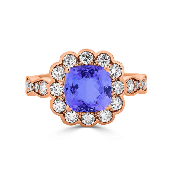 2.4ct Cushion Tanzanite Ring with 0.85 cttw Diamond