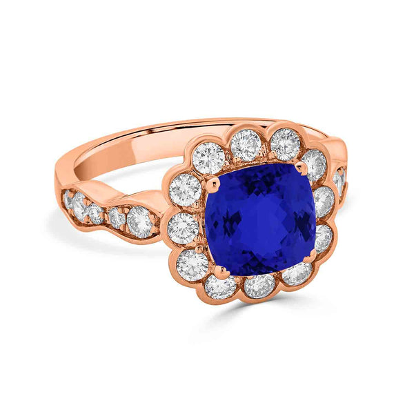 2.4ct Cushion Tanzanite Ring with 0.85 cttw Diamond