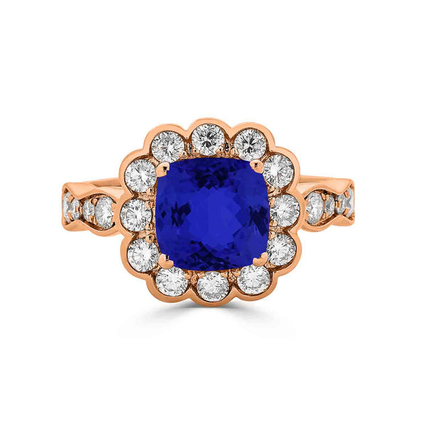 2.4ct Cushion Tanzanite Ring with 0.85 cttw Diamond