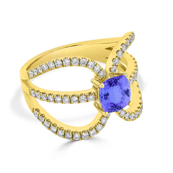 1.35ct Cushion Tanzanite Ring with 0.6 cttw Diamond