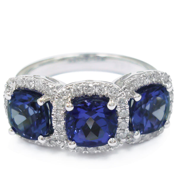 3 ctw Cushion Cut Tanzanite Ring with 0.42ctw in 14K Gold in AAAA Grade