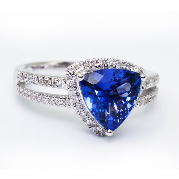 1.75ct Trillion Shape Tanzanite Ring With .27ctw Diamonds in 14k White Gold