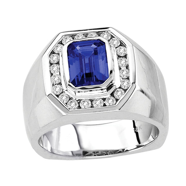 1.88ct Emerald Cut Tanzanite Men's Ring With .47ctw Diamonds in 14k White Gold