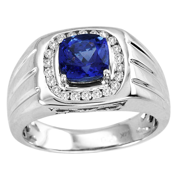 1.15ct Cushion Tanzanite Men's Ring with .2ctw Diamonds in 14k White Gold