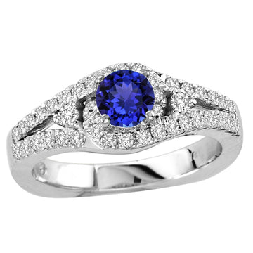 0.45ct Round Shape Tanzanite Ring With 0.42ctw Diamonds in 14k White Gold