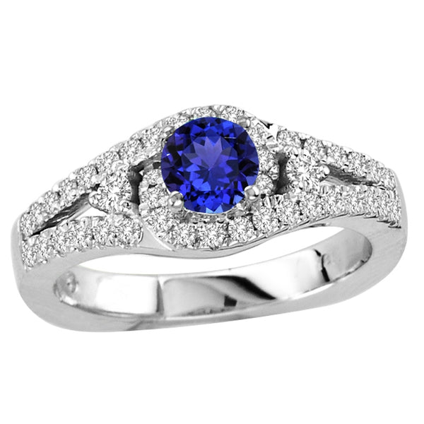 0.45ct Round Shape Tanzanite Ring With 0.42ctw Diamonds in 14k White Gold