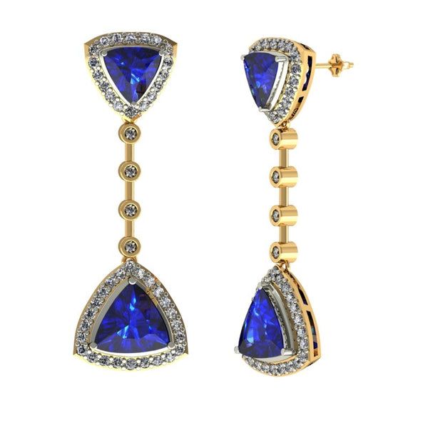 3ctw Trillion Tanzanite Earring With 0.94ctw Diamonds in 14k Two Tone Yellow Gold