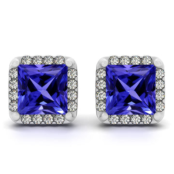 0.60ctw Princess Tanzanite Earring With 0.16ctw Diamonds in 14k White Gold