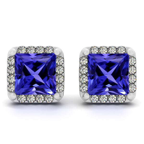 0.60ctw Princess Tanzanite Earring With 0.16ctw Diamonds in 14k White Gold