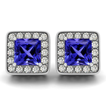 0.42ctw Princess Tanzanite Earring With 0.32ctw Diamonds in 14k White Gold