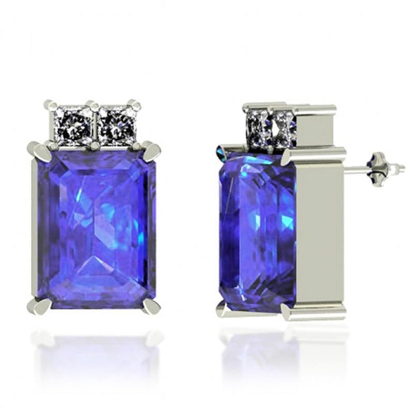 2.7ctw Emerald Cut Tanzanite Earring With 0.21ctw Diamonds in 14k Gold