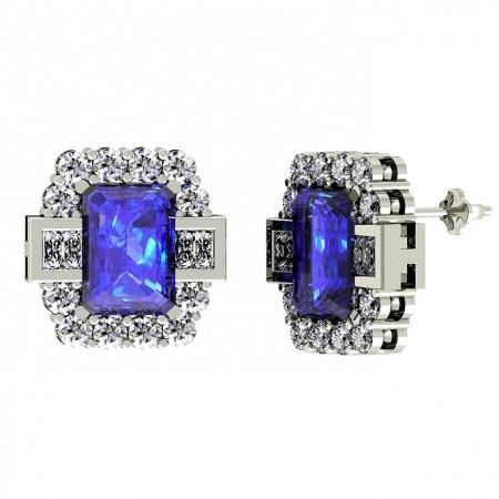 1.6ctw Emerald Cut Tanznite Earring With 0.31ctw Diamonds in 14k Gold