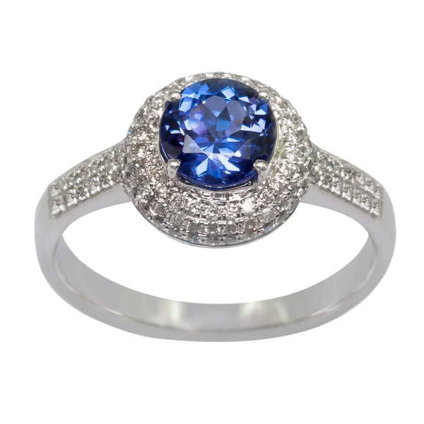 0.96ct Round Shape Tanzanite Ring With 0.46ctw Diamonds in 14k White Gold