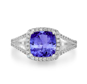 2.4ct Cushion Tanzanite Ring with 0.32 cttw Diamond