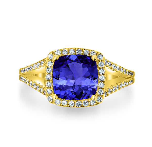 2.4ct Cushion Tanzanite Ring with 0.32 cttw Diamond