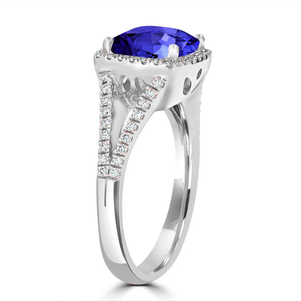2.4ct Cushion Tanzanite Ring with 0.32 cttw Diamond