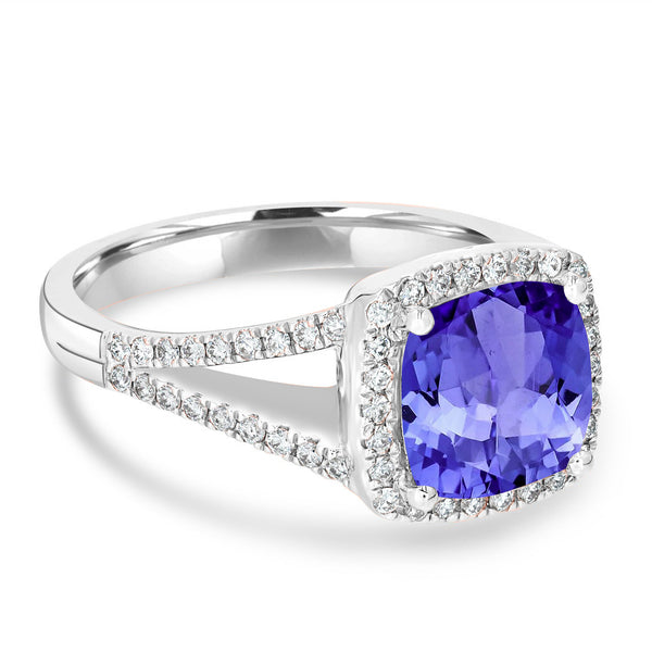 2.4ct Cushion Tanzanite Ring with 0.32 cttw Diamond