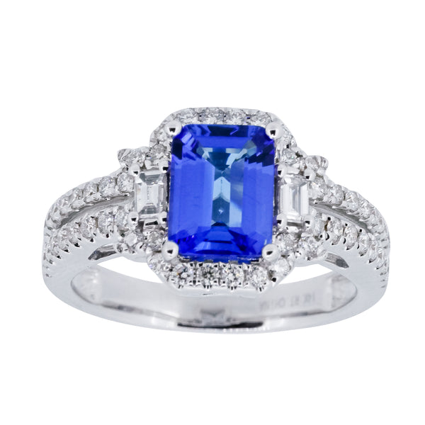 1.40 ct Emerald Cut Tanzanite Ring with .55 ct Diamonds in 14K White Gold