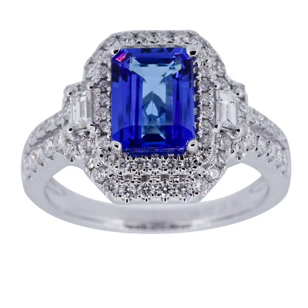 1.50 ct Emerald Cut Tanzanite Ring with .65 ct Diamonds in 14K white gold