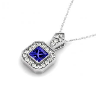 0.52ct Princess Cut Tanzanite Pendant With 0.315ctw Diamonds in 14k White Gold