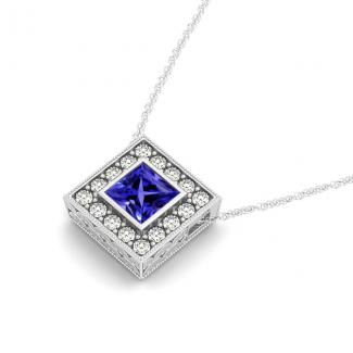 0.80ct Princess Cut Tanzanite Pendant With 0.40ctw Diamonds in 14k White Gold