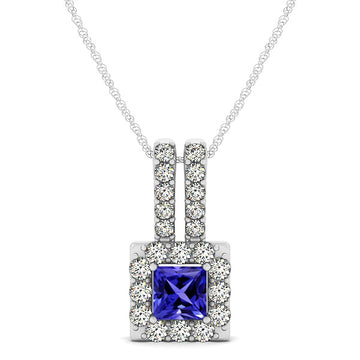 0.40ct Princess Cut Tanzanite Pendant With 0.448ctw Diamonds in 14k White Gold