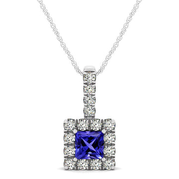 0.40ct Princess Tanzanite Pendant With 0.24ctw Diamonds in 14k White Gold