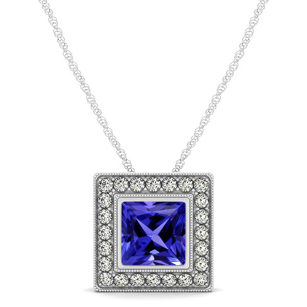 0.80ct Princess Cut Tanzanite Pendant With 0.24ctw Diamonds in 14k White Gold