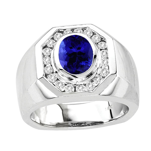 1.55ct Oval Tanzanite Men's Ring With .53ctw Diamonds in 14k White Gold