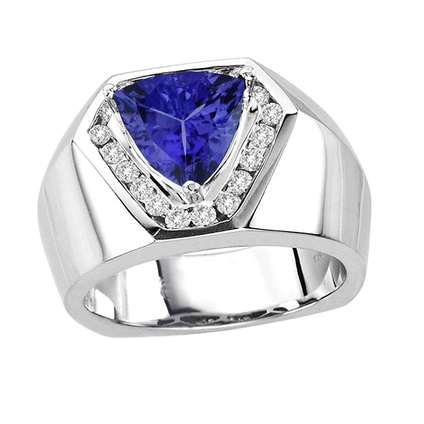 2.25ct Trillion Tanzanite Men's Ring With .7ctw Diamonds in 14K White Gold