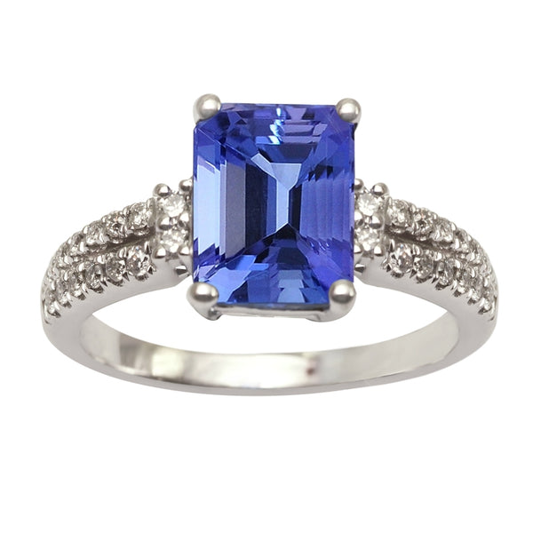 2.16ct Emerald Cut Tanzanite Ring With .24ctw Diamonds in 14k White Gold