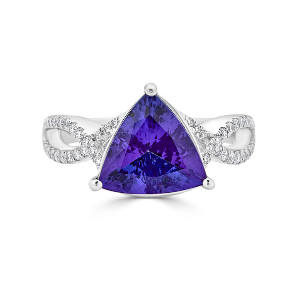 3.30 ct AAAA Trillion Tanzanite Ring with 0.28 cttw Diamond in 14K White Gold